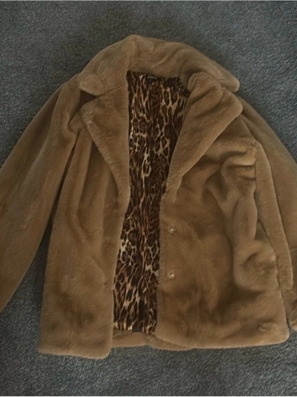 INC International Concepts Faux-Fur Teddy Jacket in Camel with Leopard Lining